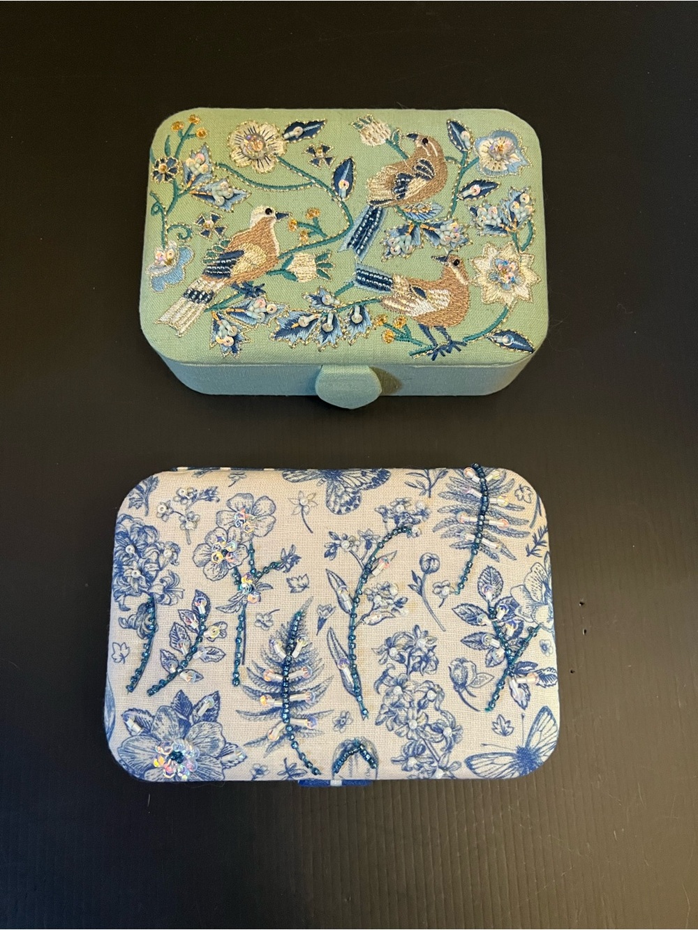Two Embroidered Bird & Blue Floral Decorative Jewelry Boxes - Green and Blue
